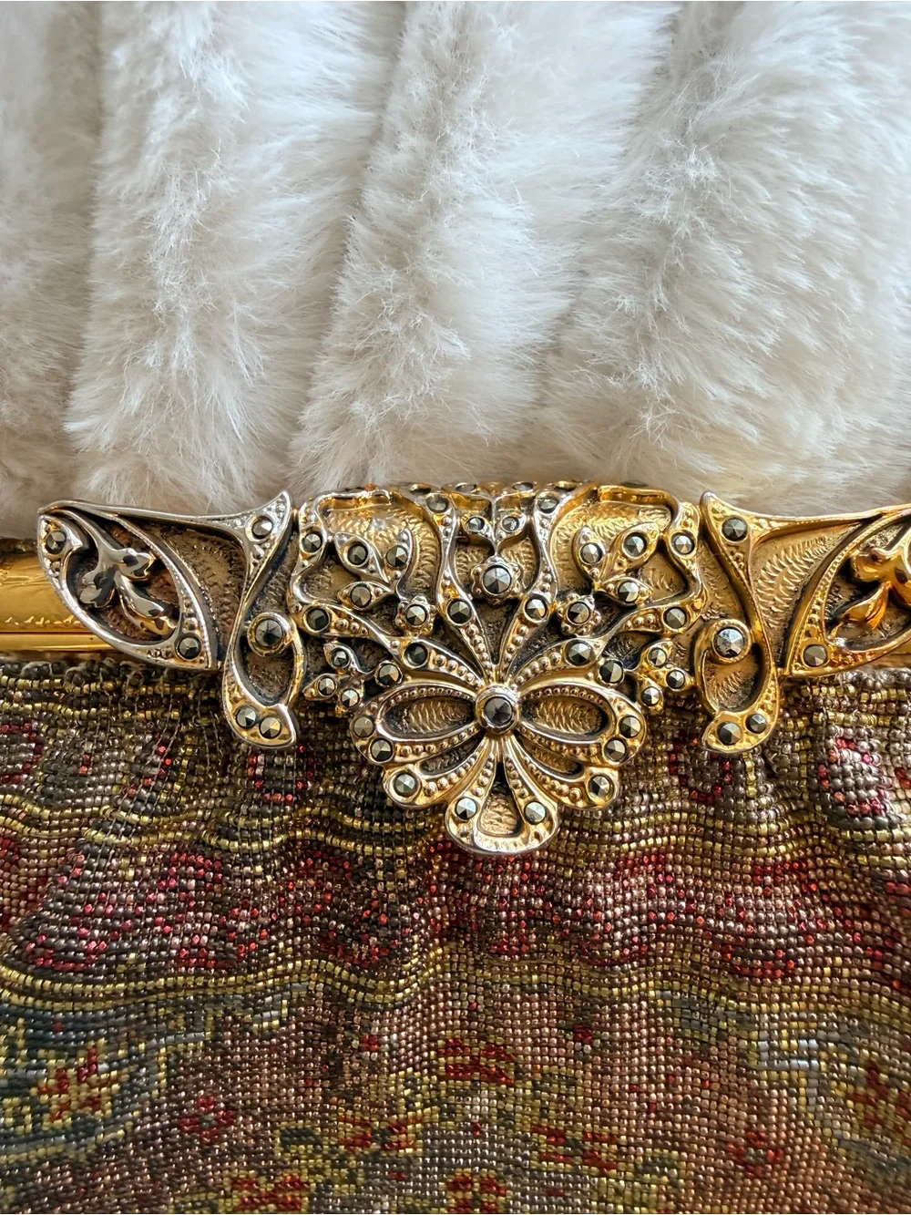 Vintage French Beaded Floral Evening Bag - Gold Accent, tapestry pattern